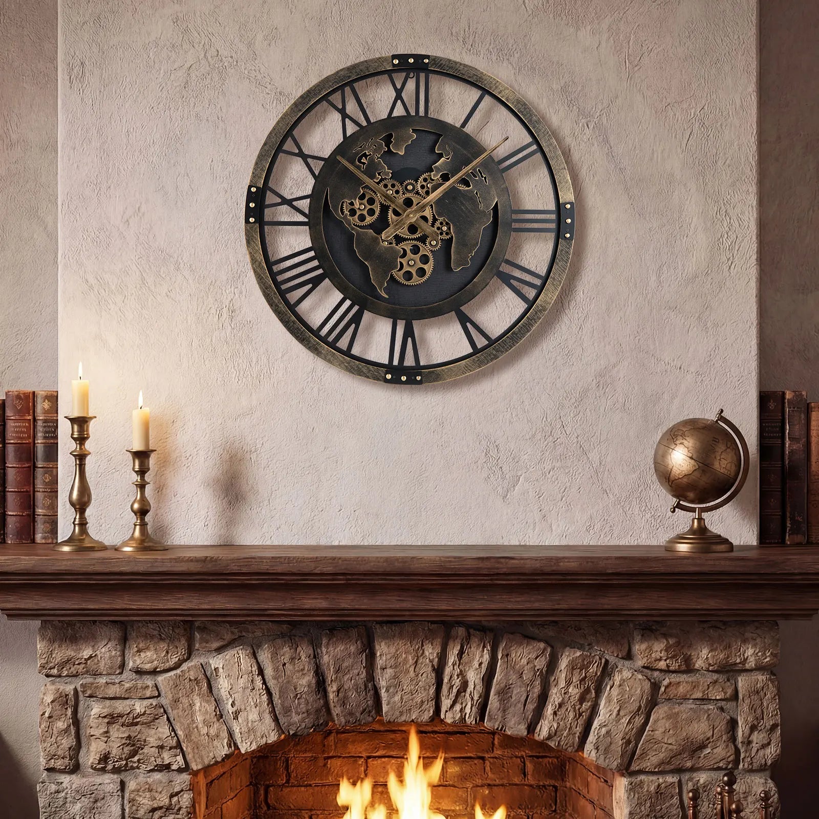 Large Wall Clock, 27” Gear Clock w/ World Map, Non-Ticking Decorative Metal Clock