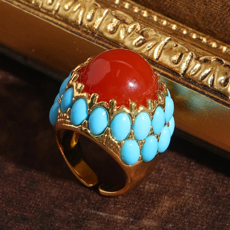 Vintage Red Stone Rings For Woman Round High Quality Blue Glaze Gold Color Luxury Designer Jewelry Accessories Party 2026