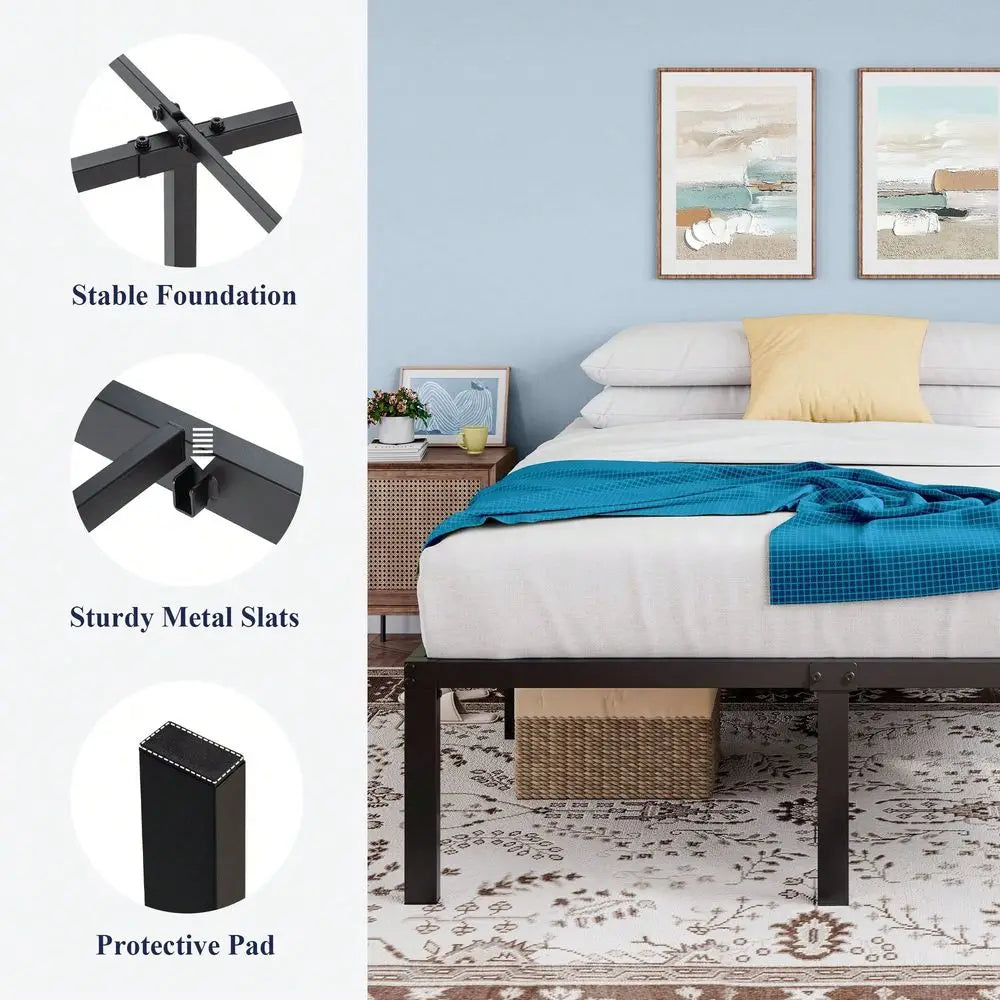 Metal Platform Bed Frame With Headboard Twin, Full, Queen, King Sizes, 16.5 UnderBed Storage, Sturdy Slats, No Box Spring Neede