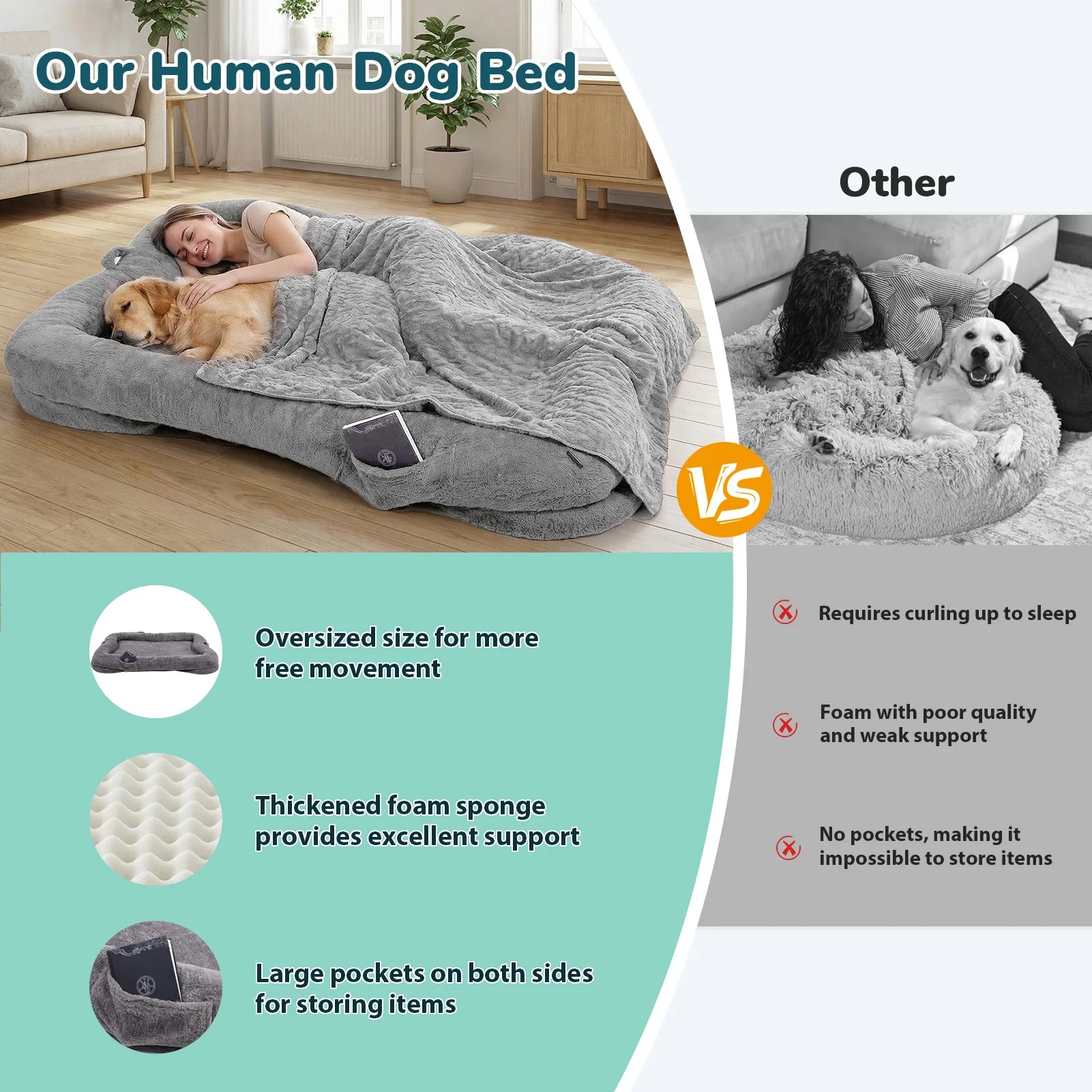 Portable Human Dog Bed Washable Large Size Non Slip Bottom Comfortable Plush Giant Size Dog Bed with Blanket and Pocket for Home