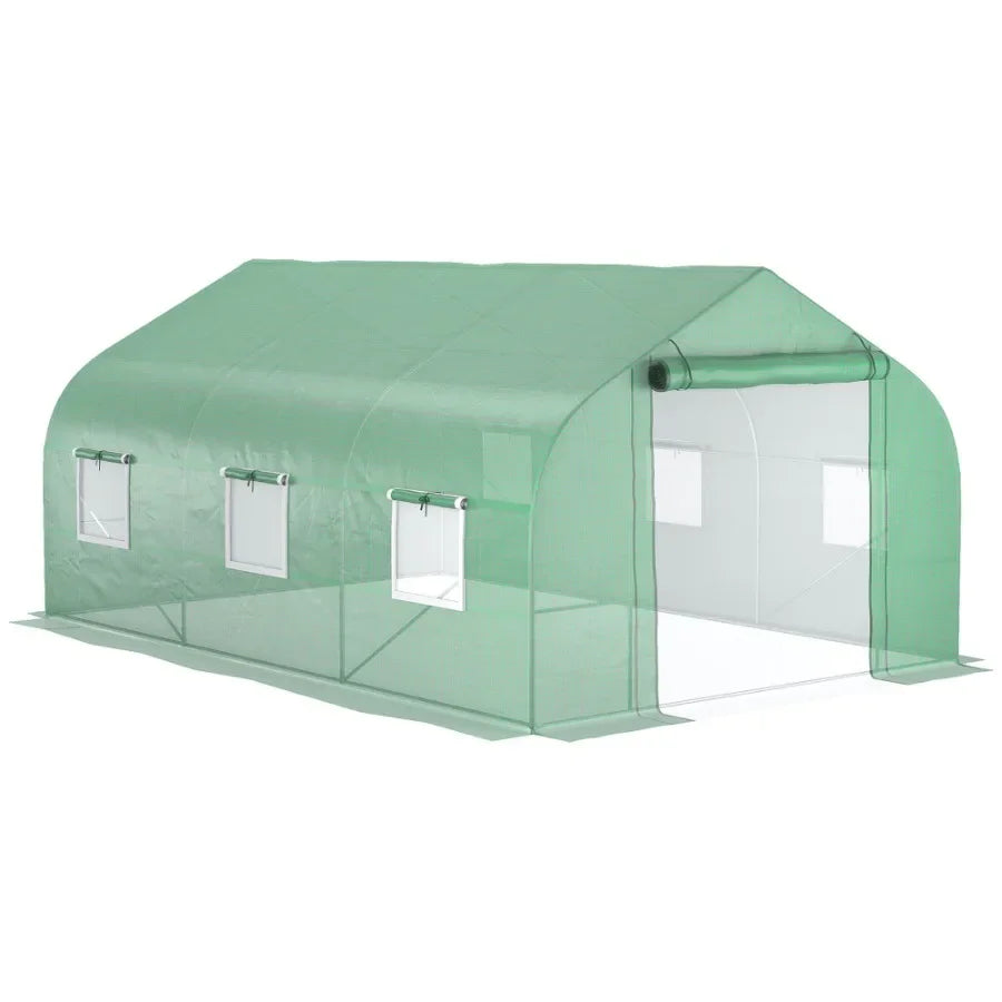 Outdoor High Tunnel Greenhouse for gardening, polyethylene-coated steel frame, deep green, portable with roll-up windows and ve