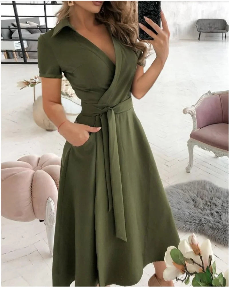 Solid Wrap Midi Dress Elegant Women Dress Mid Short Sleeve V Neck Tie Waist Pocket A-line Office Daily Summer