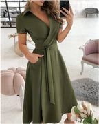 Solid Wrap Midi Dress Elegant Women Dress Mid Short Sleeve V Neck Tie Waist Pocket A-line Office Daily Summer