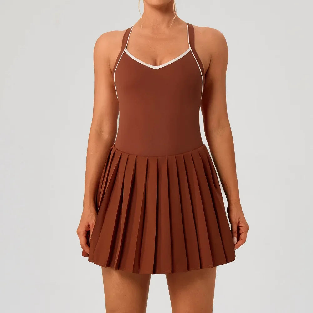 Yoga Suits for Women Sports Dress with Bra and V Neck Workout Clothing Tennis Dresses Golf Skirts Gym Fitness Tights Skorts