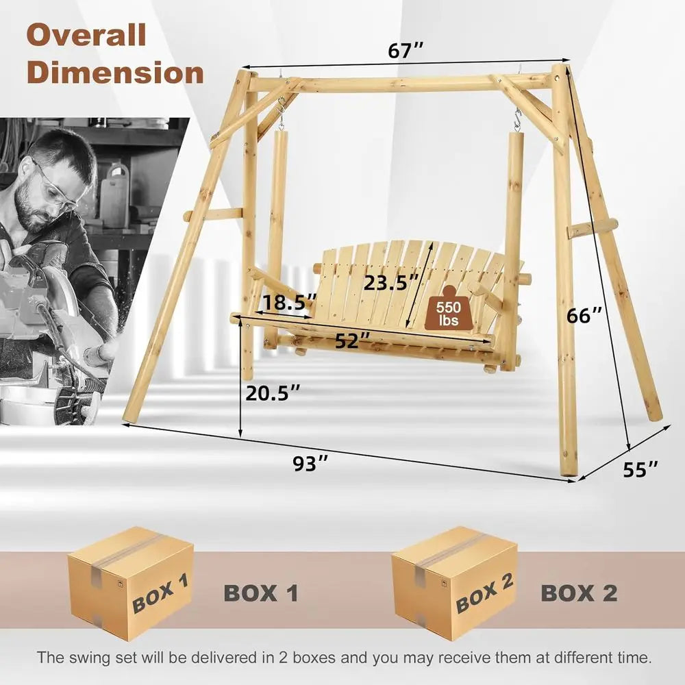 Durable 2-Seat Wooden Porch Swing with A-Frame Stand, Outdoor Patio Swing Bench, High Capacity for Backyard or Garden