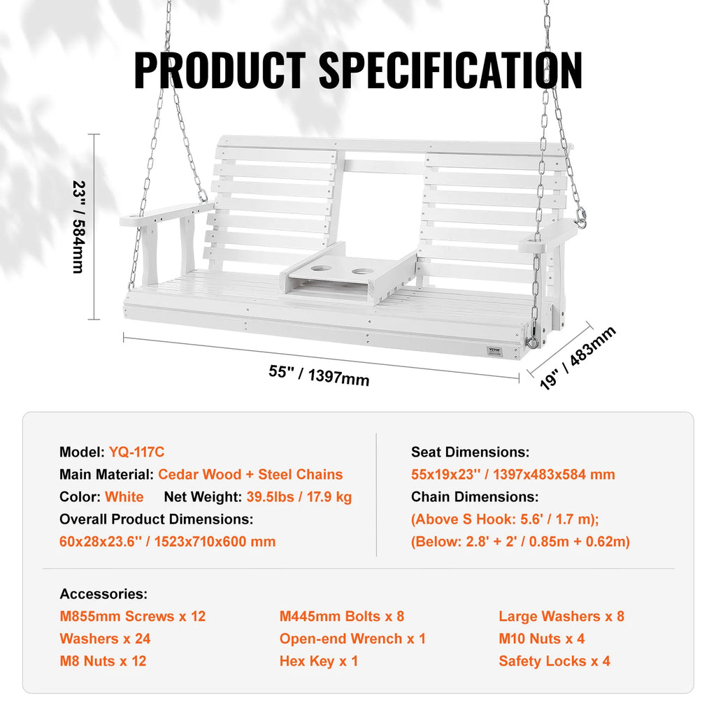 SucceBuy Wooden Porch Swing 5 ft Patio bench swing for Courtyard Garden Upgraded 880 lbs Strong Load Capacity Swing Chair Bench