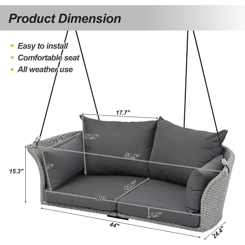 2-Person Rattan Swing Chair with Cushion, Adjustable Hanging Rope for Porch, Lawn, Garden, Backyard, or Patio (Gray)