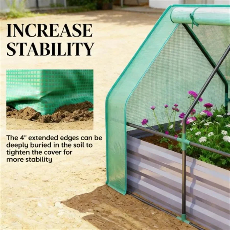 Mini greenhouse for garden bed use, green and dark gray colored durable plastic construction with UV protection and ventilation
