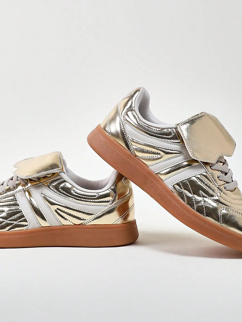 Fold Over Tongue Round Toe Gum Sole Low Top PU Gold Casual Stylish Versatile Comfortable Sneakers For Women Summer