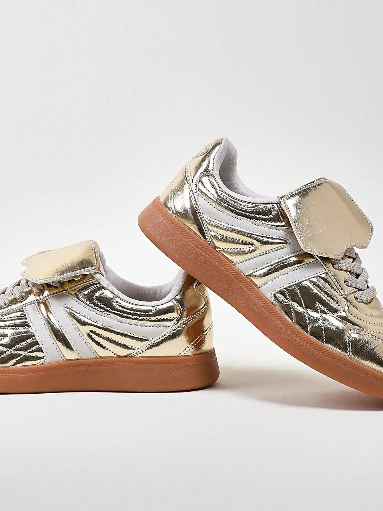 Fold Over Tongue Round Toe Gum Sole Low Top PU Gold Casual Stylish Versatile Comfortable Sneakers For Women Summer