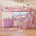 Full-Size Loft Bed with Desk, Storage Stairs, Metal Frame, Hall Tree, LED Lights, Power Outlet for Kids, Teens, Adults in Pink