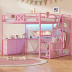 Full-Size Loft Bed with Desk, Storage Stairs, Metal Frame, Hall Tree, LED Lights, Power Outlet for Kids, Teens, Adults in Pink