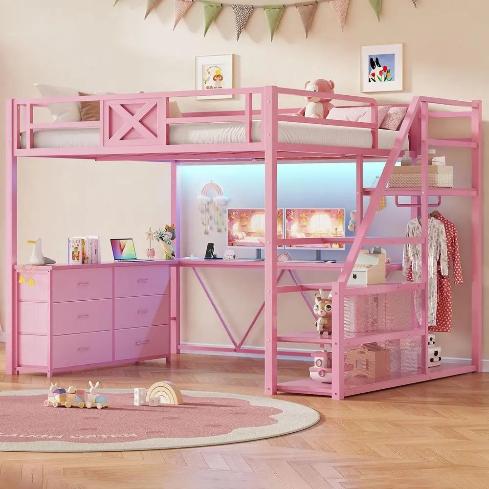 Full-Size Loft Bed with Desk, Storage Stairs, Metal Frame, Hall Tree, LED Lights, Power Outlet for Kids, Teens, Adults in Pink