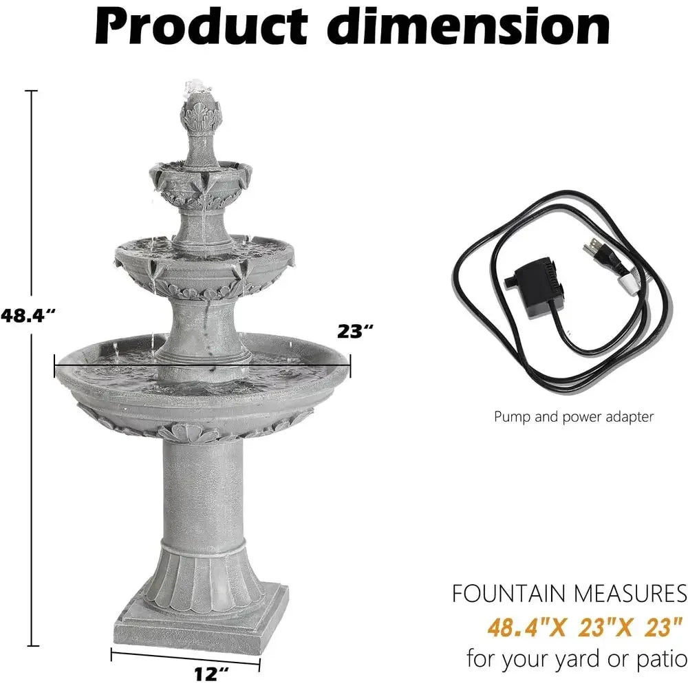 3-Tier Outdoor Water Fountain with Pump & Pine Top, 48.4 Tall Large Pillar Waterfalls for Indoor or Outdoor, Deck Patio Garden F