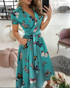 Solid Wrap Midi Dress Elegant Women Dress Mid Short Sleeve V Neck Tie Waist Pocket A-line Office Daily Summer