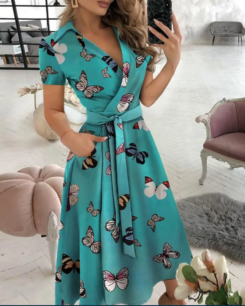 Solid Wrap Midi Dress Elegant Women Dress Mid Short Sleeve V Neck Tie Waist Pocket A-line Office Daily Summer