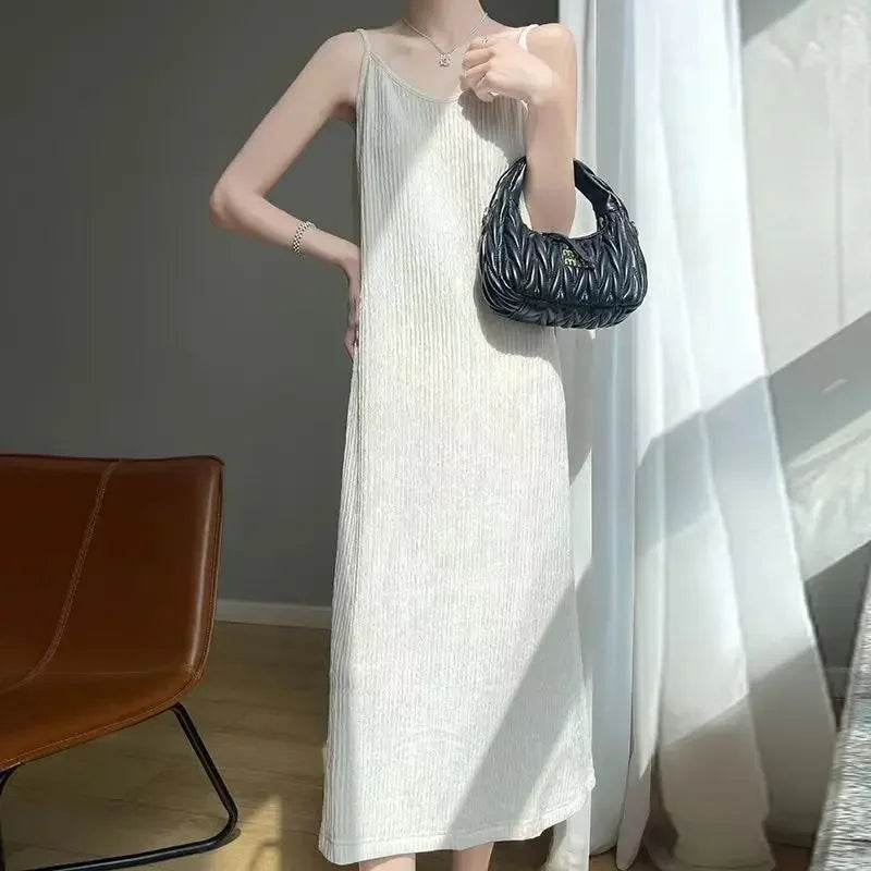 Original Black White Chiba Pleated Suspender Slimming Dress Women Casual Loose Drooping All-Match Dress