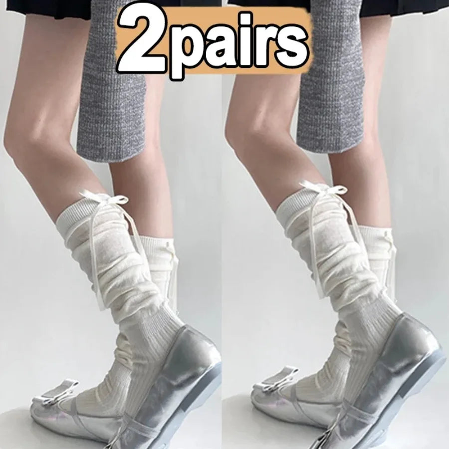 1/2/5 Pairs Lolita Long Socks Women Summer Ultra Thin Breathable Bandage Ribbon Bow Sweet Girls JK Style Black White Stockings