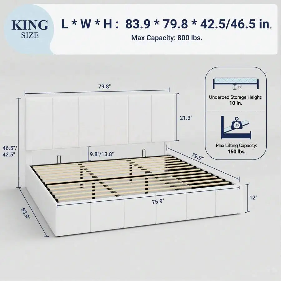 Full/Queen/King Size Velvet Lift Up Storage Bed Frame, Vertical Channel Tufted Headboard, Hydrualic Underneath Storage, Upholstered Platform Bed, Wooden Slats Support, No Box Spring Needed, White