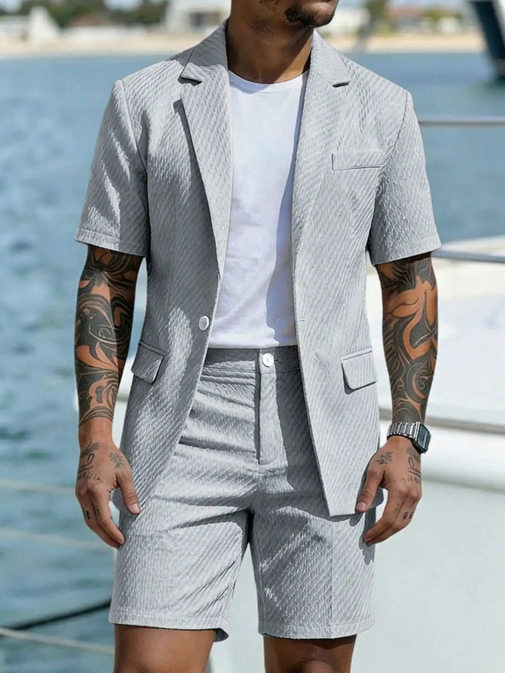 2pcs Men's Short Sleeve Suit Jacket And Shorts Set, Casual And Fashionable Daily Wear, Suitable As Gift For Male Friends