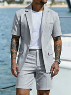 2pcs Men's Short Sleeve Suit Jacket And Shorts Set, Casual And Fashionable Daily Wear, Suitable As Gift For Male Friends