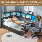 Corner Twin Bed Frame with Desk,Charging Station and Bookcase Storage Twin Size Daybed for Kids Teen with Storage Drawers,Led L