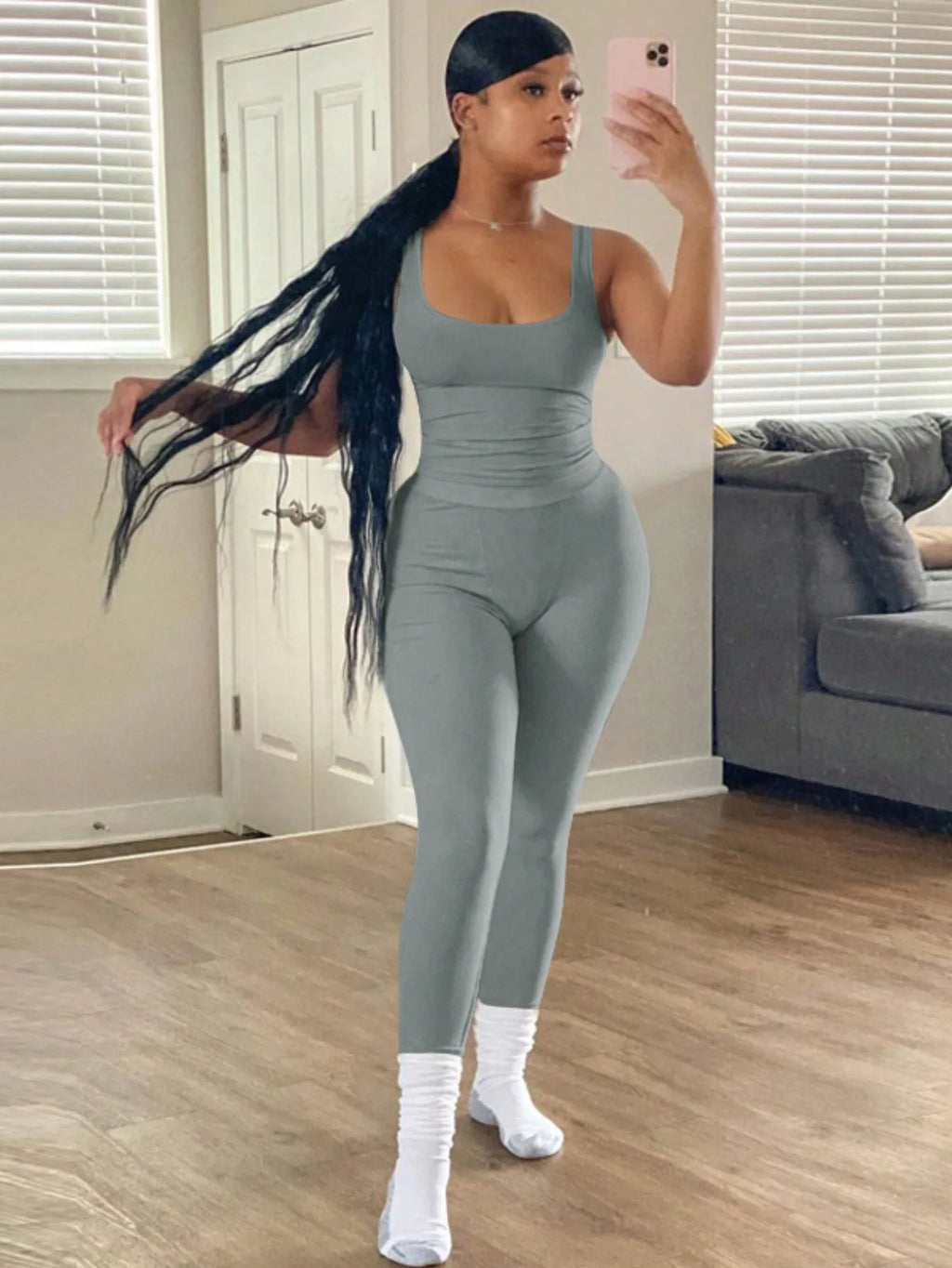 Women 2-Piece Activewear Set, ribbed crop tank top matched with high waist yoga leggings. Stretchy and skin-friendly fabric, snug fit, perfect for workout, yoga, gym training and daily casual leisure wear all day round