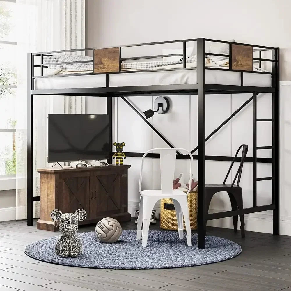 Twin Size Metal Bed Frame with Ladder, Rustic Style, No Box Spring Needed, Space-Saving for Bedrooms or Dorms