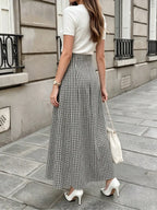 Pariaura 1960s Vintage Black And White Checkered High Waist Maxi Skirt,Summer Holiday Vacation Elegant Pleated A-Line Hem Draped French Gingham Chic Skirt
