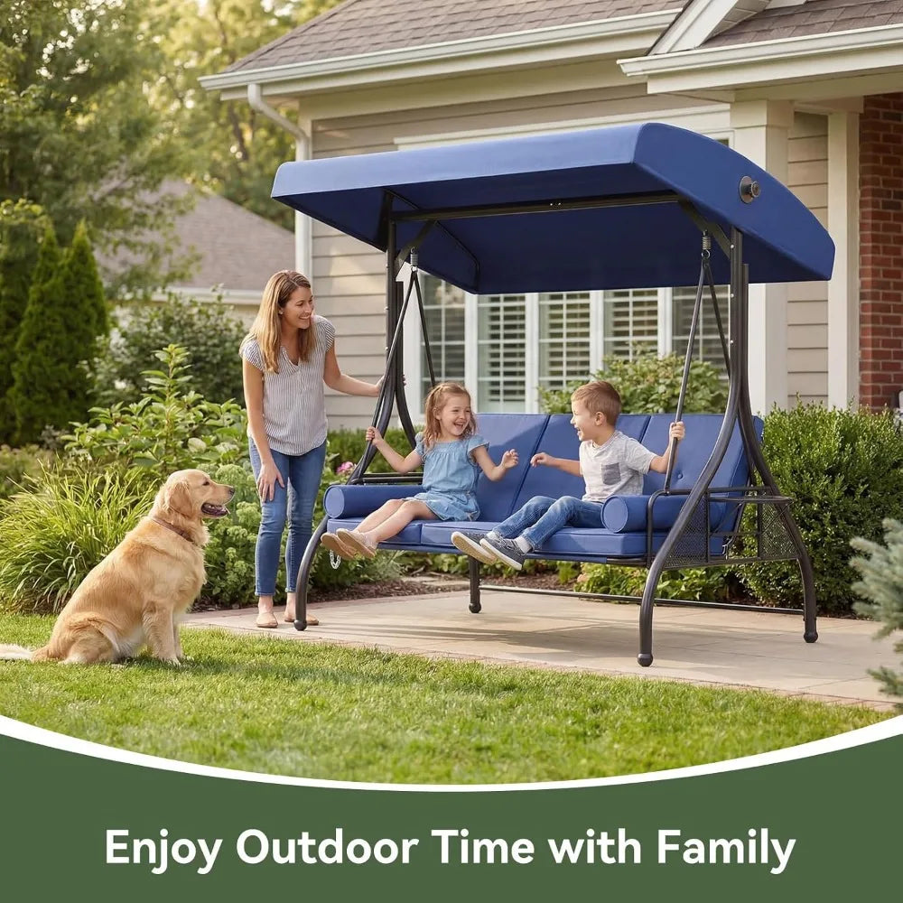 3-Seat Convertible Swing Bed with Cushions, Suitable for Outdoor Spaces, Blue