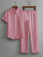 Mens Summer Solid Color Short Sleeve Stand Collar Shirt And Elastic Drawstring Pants Casual Co-ords Set