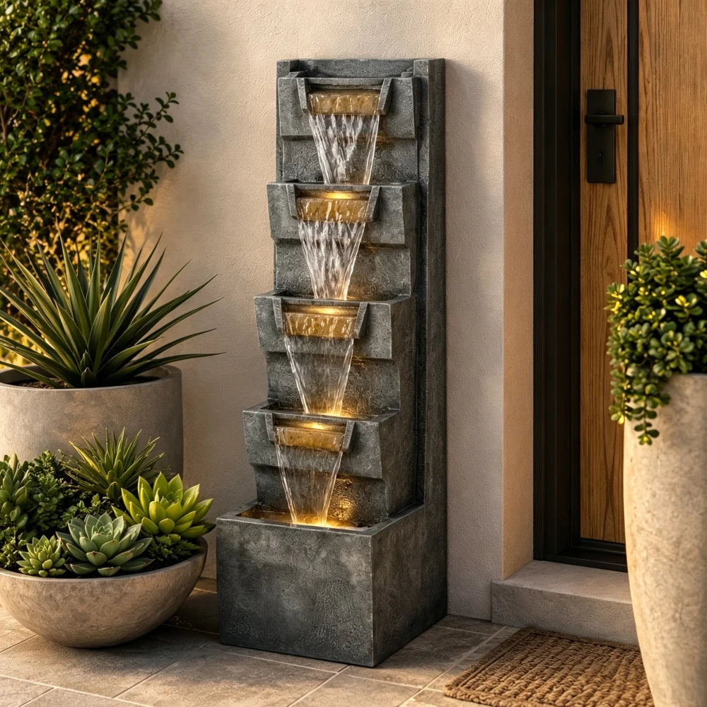 39.4" Outdoor Water Fountain, Tall 4-Tier Cascading Waterfall Fountain with Warm LED Lights, Stone-Look Resin Water Feature with Quiet Pump for Patio Garden Porch Entryway Backyard Decor