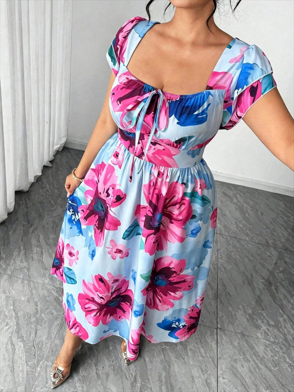 Plus Size Floral Printed Elegant Women Dress A-Line Midi Square Cap Sleeve Slim Waist Daily Dating Summer Casual Outfit