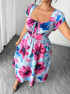 Plus Size Floral Printed Elegant Women Dress A-Line Midi Square Cap Sleeve Slim Waist Daily Dating Summer Casual Outfit