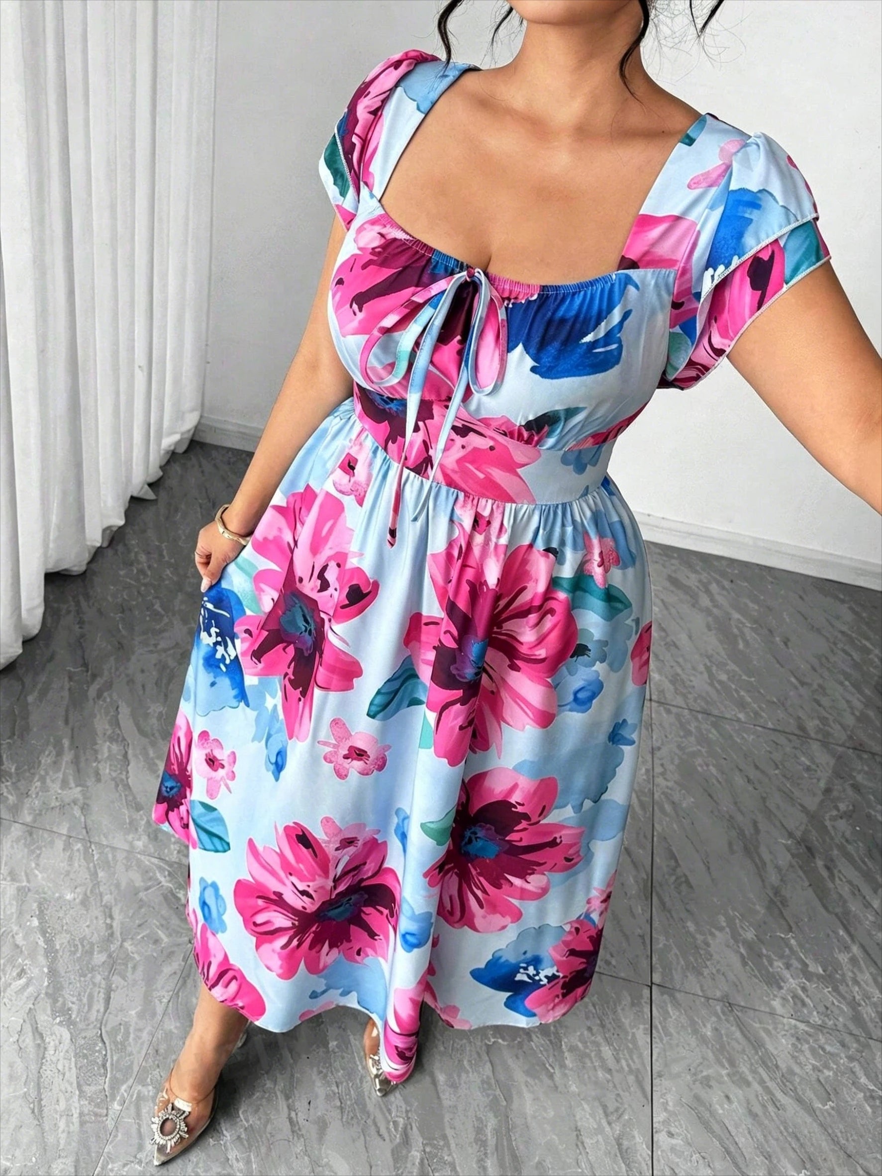Plus Size Floral Printed Elegant Women Dress A-Line Midi Square Cap Sleeve Slim Waist Daily Dating Summer Casual Outfit
