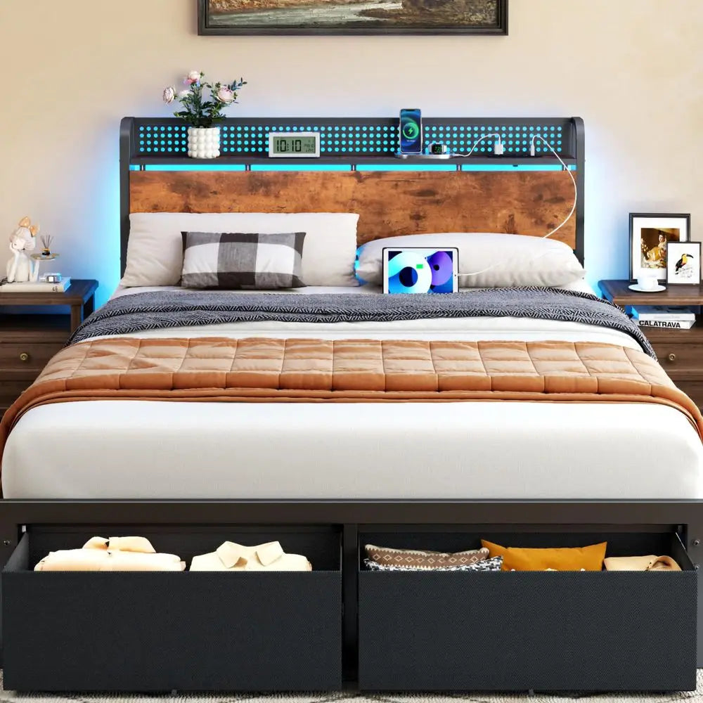 Queen Bed Frame with Headboard Storage, Charging Station, Drawers 1200 lbs Capacity, LED lights, Platform Bed Frame Queen Size,