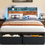 Queen Bed Frame with Headboard Storage, Charging Station, Drawers 1200 lbs Capacity, LED lights, Platform Bed Frame Queen Size,