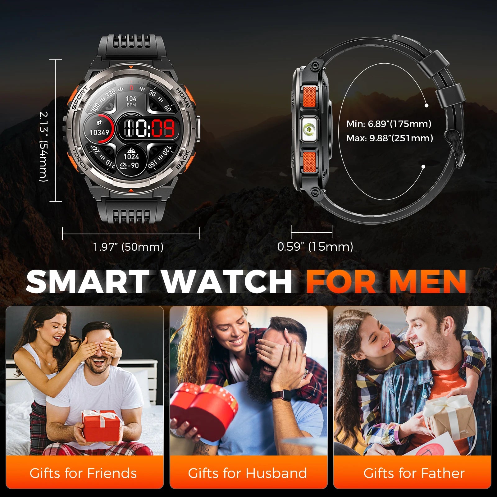 EIGIIS KE5 3ATM Waterproof Smart Watch for Men with LED Flashlight 1.45'' HD Rugged Smartwatch with 530mAh Big Battery