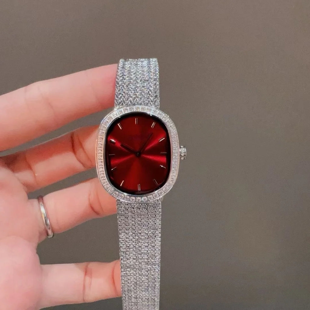 Women's Affordable Luxury Oval Rhinestone Watch: Sparkling Crystal Bezel, Laser-Etched Gradient Dial, Fine Steel Mesh Strap—A Simple and Stylish Women's Watch in Red, Purple, and Green