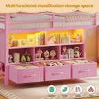 Twin Size Low Loft Bed with 3 Drawers, 3-Tier Bookshelf, 5 Storage Cubbies, 2 LED Lights, Metal Frame with Safety Rail, Inclined