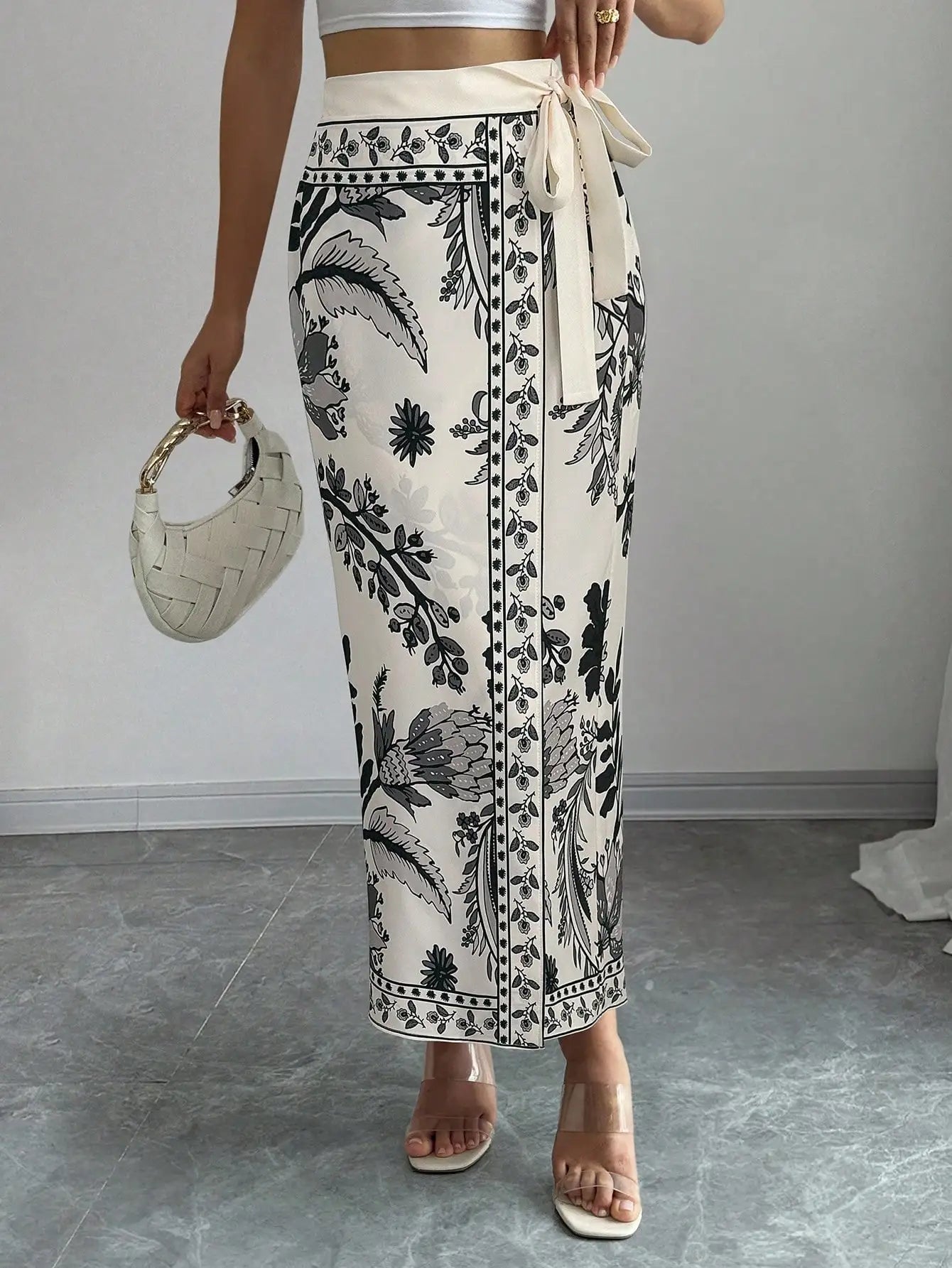 Elenzga Women's Elegant Floral Print Wrap Tie Straight Skirt, Vacation Style