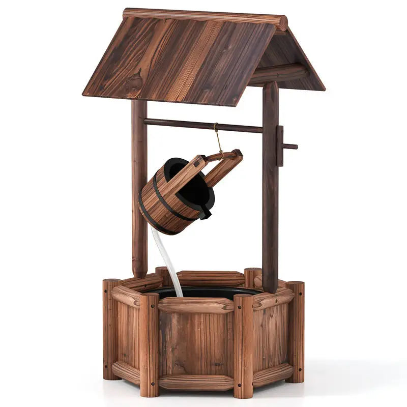 Garden Rustic Wishing Well Wooden Water Fountain with Pump