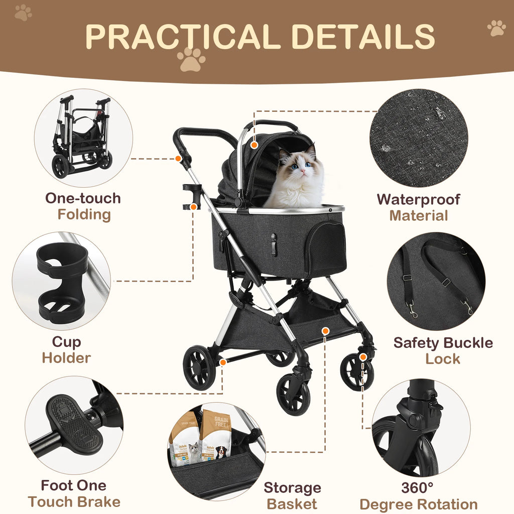 Portable Lightweight Pet Stroller for Medium Dogs - Smooth-Ride 3-in-1 Car Seat Combo with Detachable Carrier Rubber Wheels Quick-Folding for Seniors Cats up to 50 Lbs