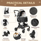 Portable Lightweight Pet Stroller for Medium Dogs - Smooth-Ride 3-in-1 Car Seat Combo with Detachable Carrier Rubber Wheels Quick-Folding for Seniors Cats up to 50 Lbs