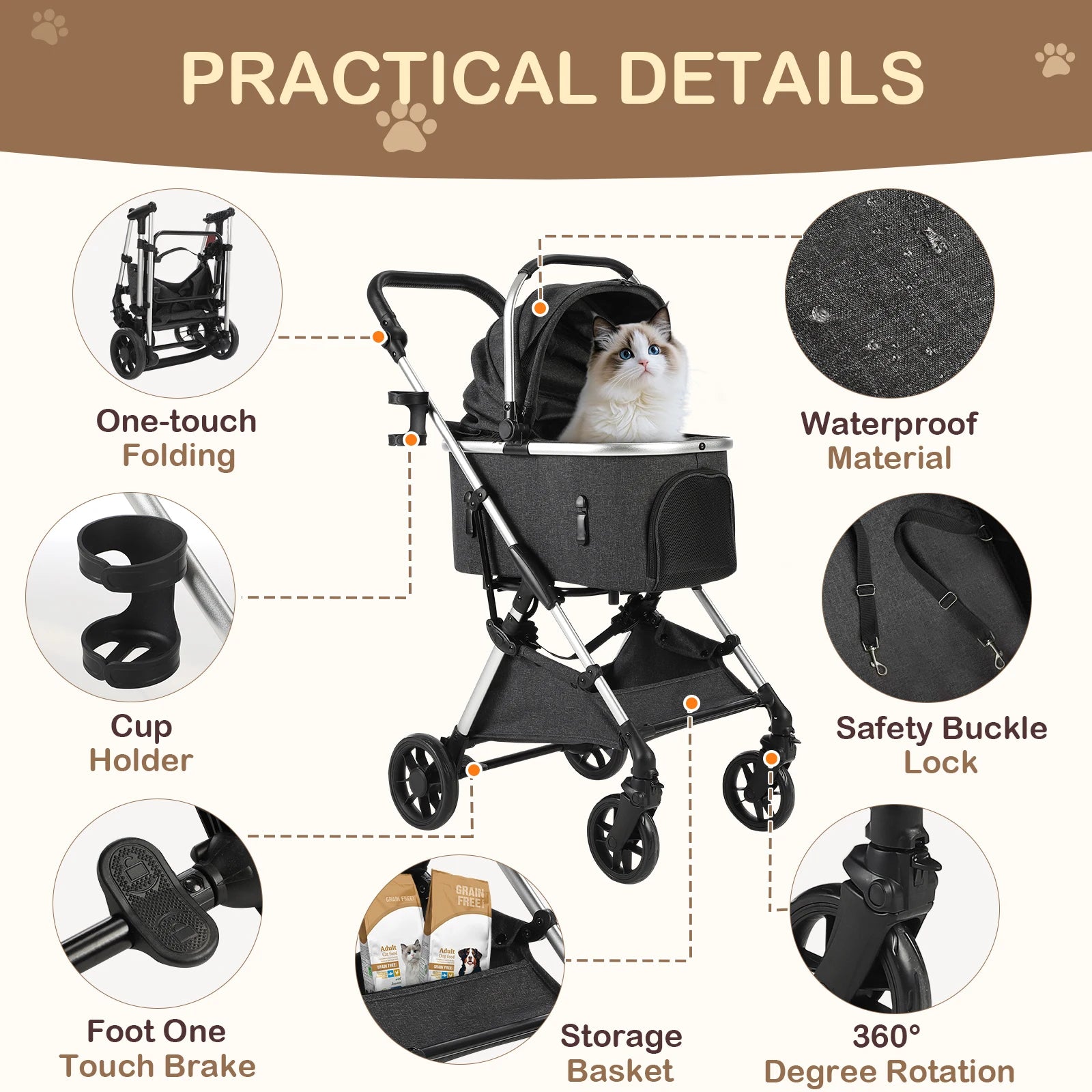Portable Lightweight Pet Stroller for Medium Dogs - Smooth-Ride 3-in-1 Car Seat Combo with Detachable Carrier Rubber Wheels Quick-Folding for Seniors Cats up to 50 Lbs