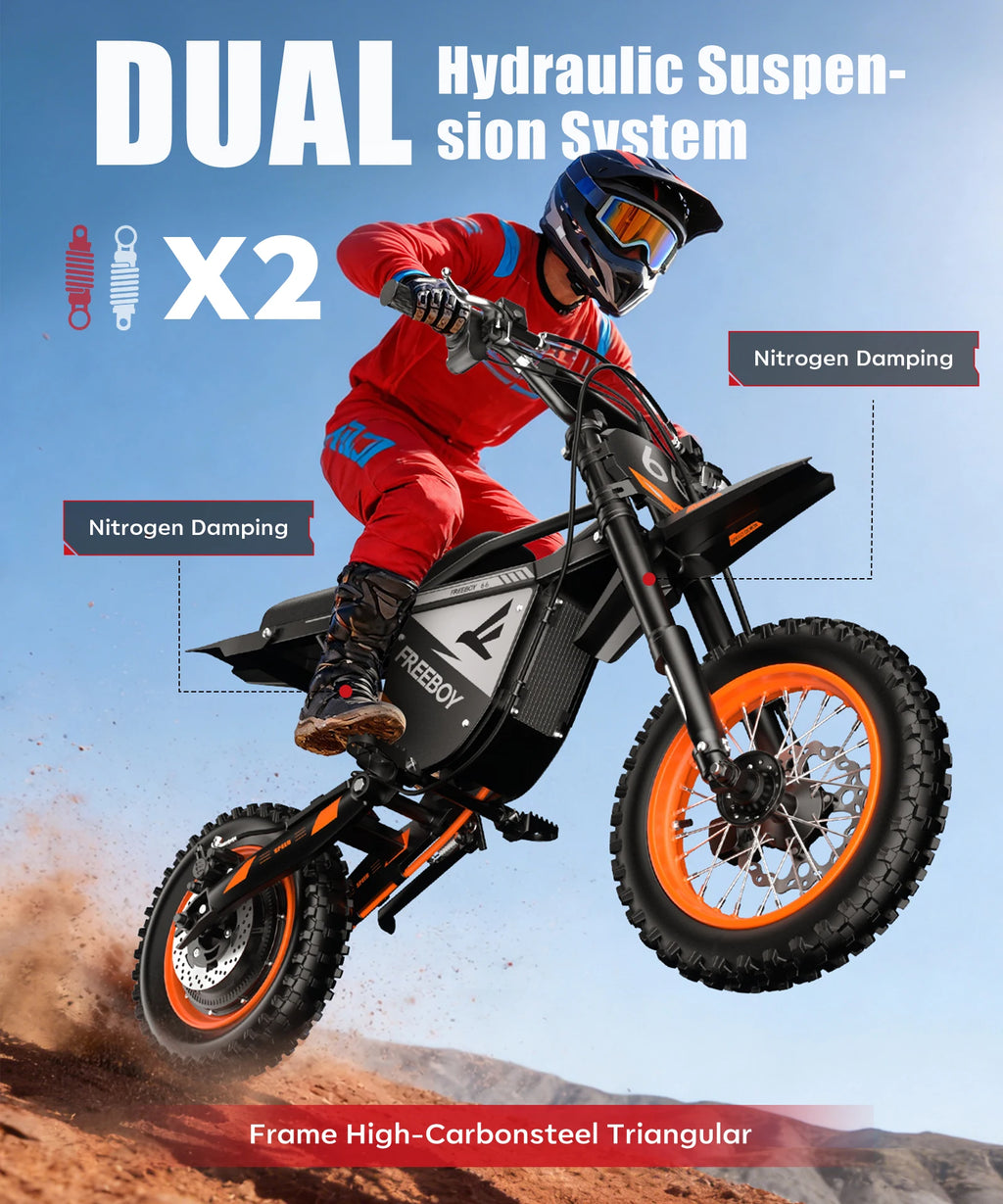 Y66 FREEBOY Adult Electric Dirt Bike 2000W Rear Motor 48V 22.5Ah Battery 34MPH Max Speed 12"+10" All Terrain Fat Tire Off Road Electric Motorcycle Hydraulic Disc Brake Electric Motorbike for Outdoor Mountain Trail Riding