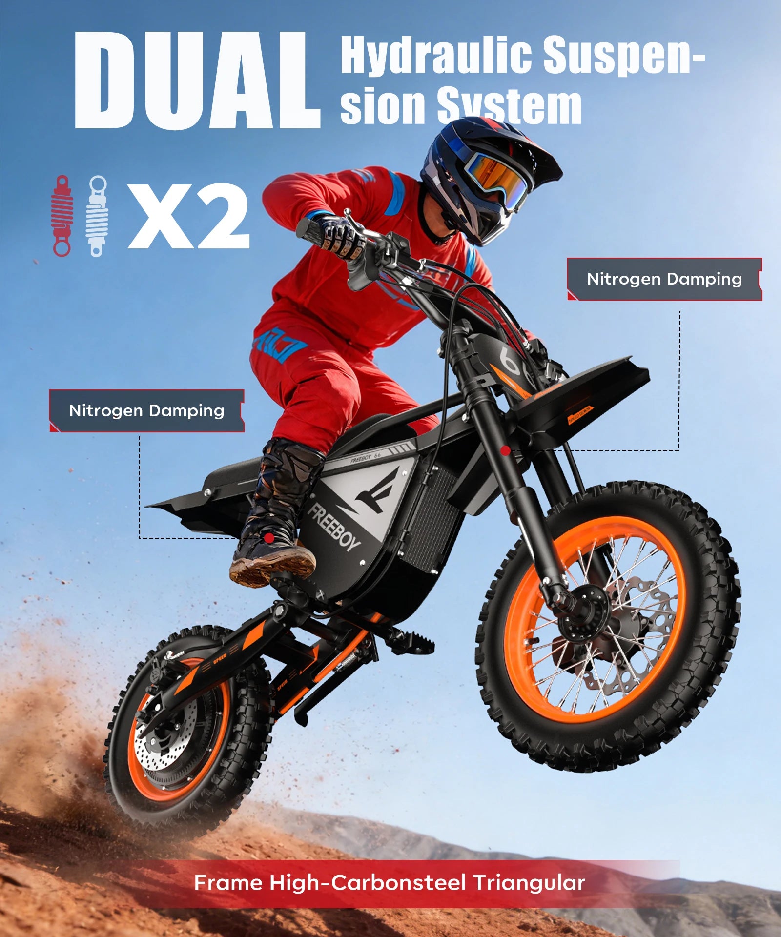 Y66 FREEBOY Adult Electric Dirt Bike 2000W Rear Motor 48V 22.5Ah Battery 34MPH Max Speed 12"+10" All Terrain Fat Tire Off Road Electric Motorcycle Hydraulic Disc Brake Electric Motorbike for Outdoor Mountain Trail Riding