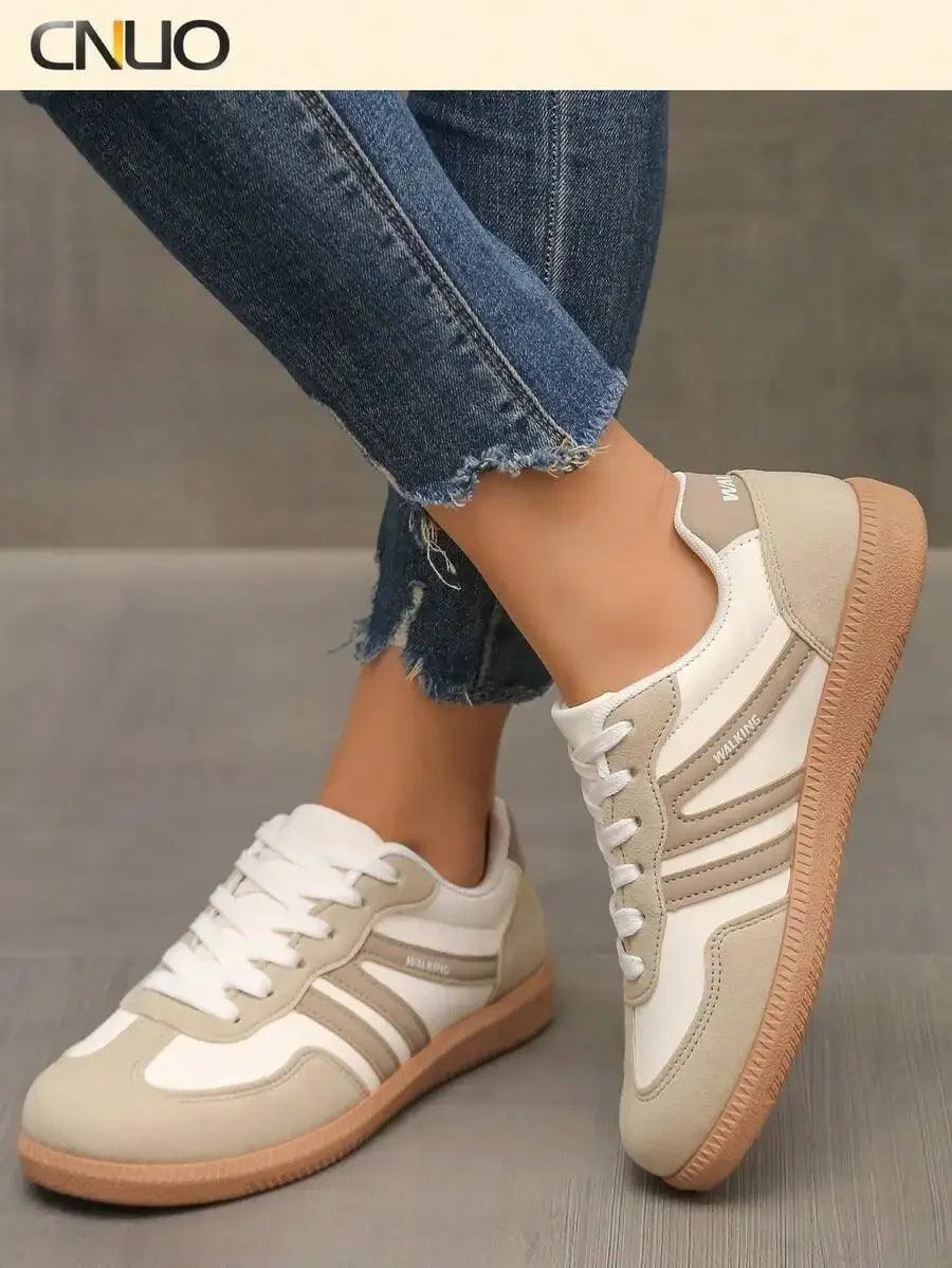 Womens Pink Casual Flat Sneakers With White Stripes Comfortable Lace-Up Shoes For Spring Summer