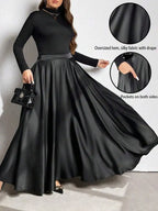Elegant Solid Color Flared Maxi Skirt For Women Autumn