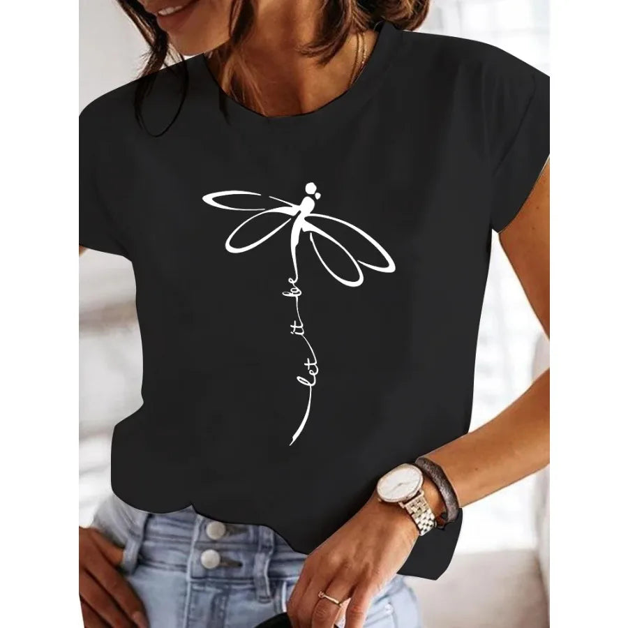 【New Arrival】Women's White Dragonfly Print Tee Let It Be Summer Casual Top